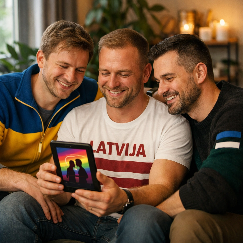 Three men reading LGBTQ+ ebooks together on a sofa, highlighting the power of gay literature and connection.