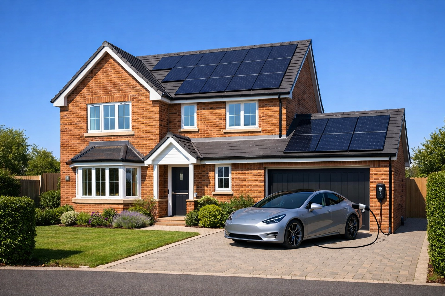 A modern UK detached house with premium black solar panels and an electric car charging point.
