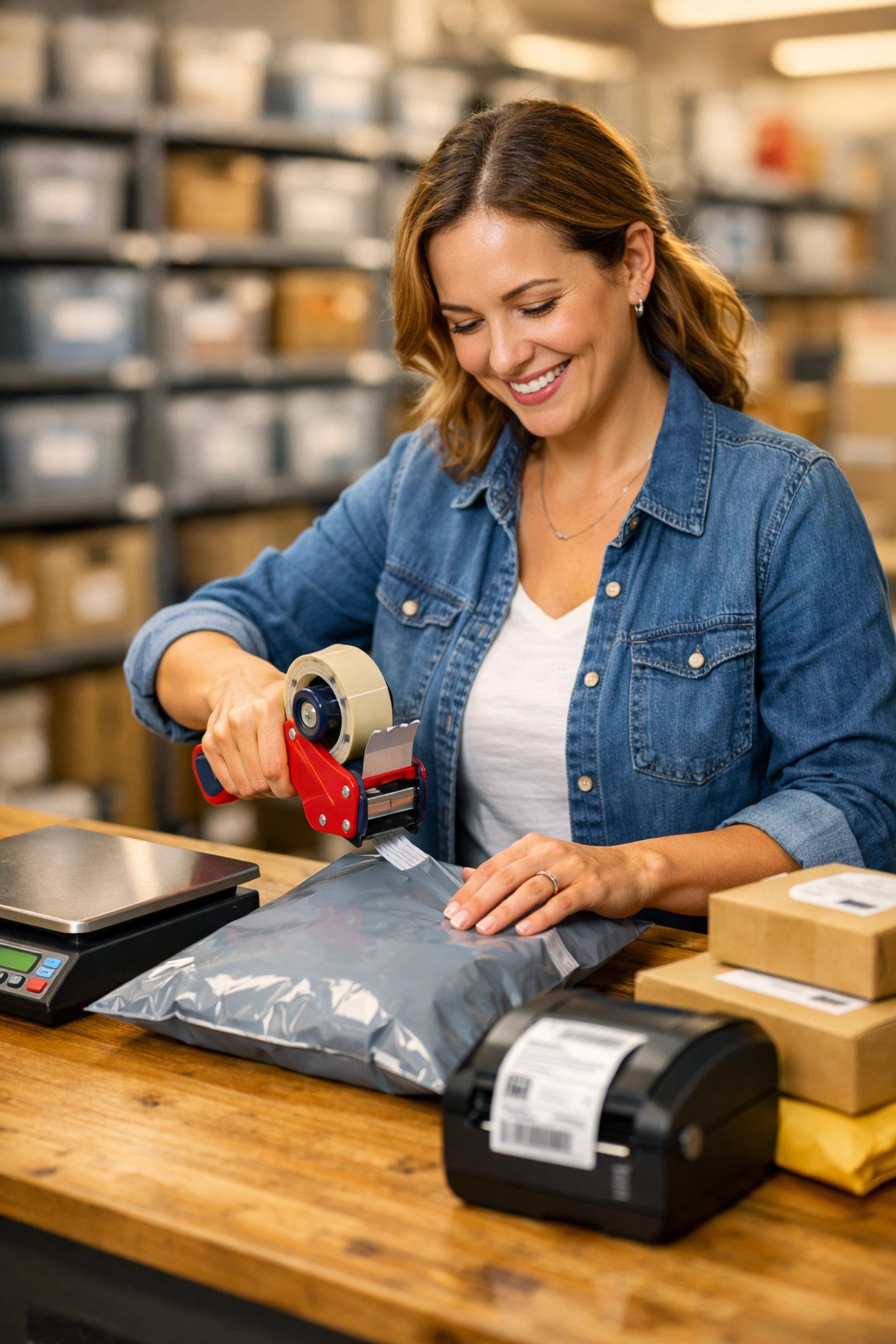 Professional reseller at a packing station using a tape dispenser and shipping scale for fast order fulfillment.