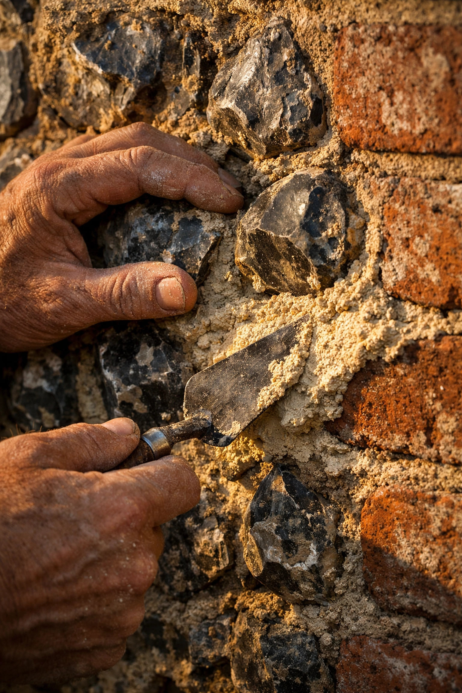 Skilled mason applying traditional lime mortar to a historic West Sussex flint and brick wall.