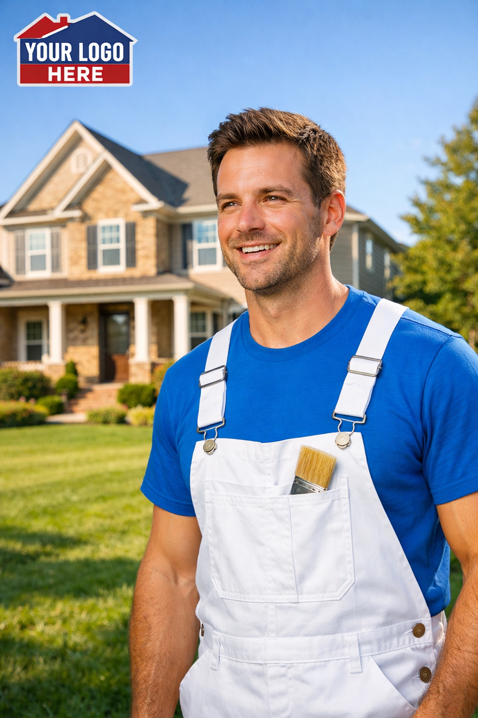 Professional New Image AI painting and roofing expert in white overalls and blue t-shirt at a Georgia home.