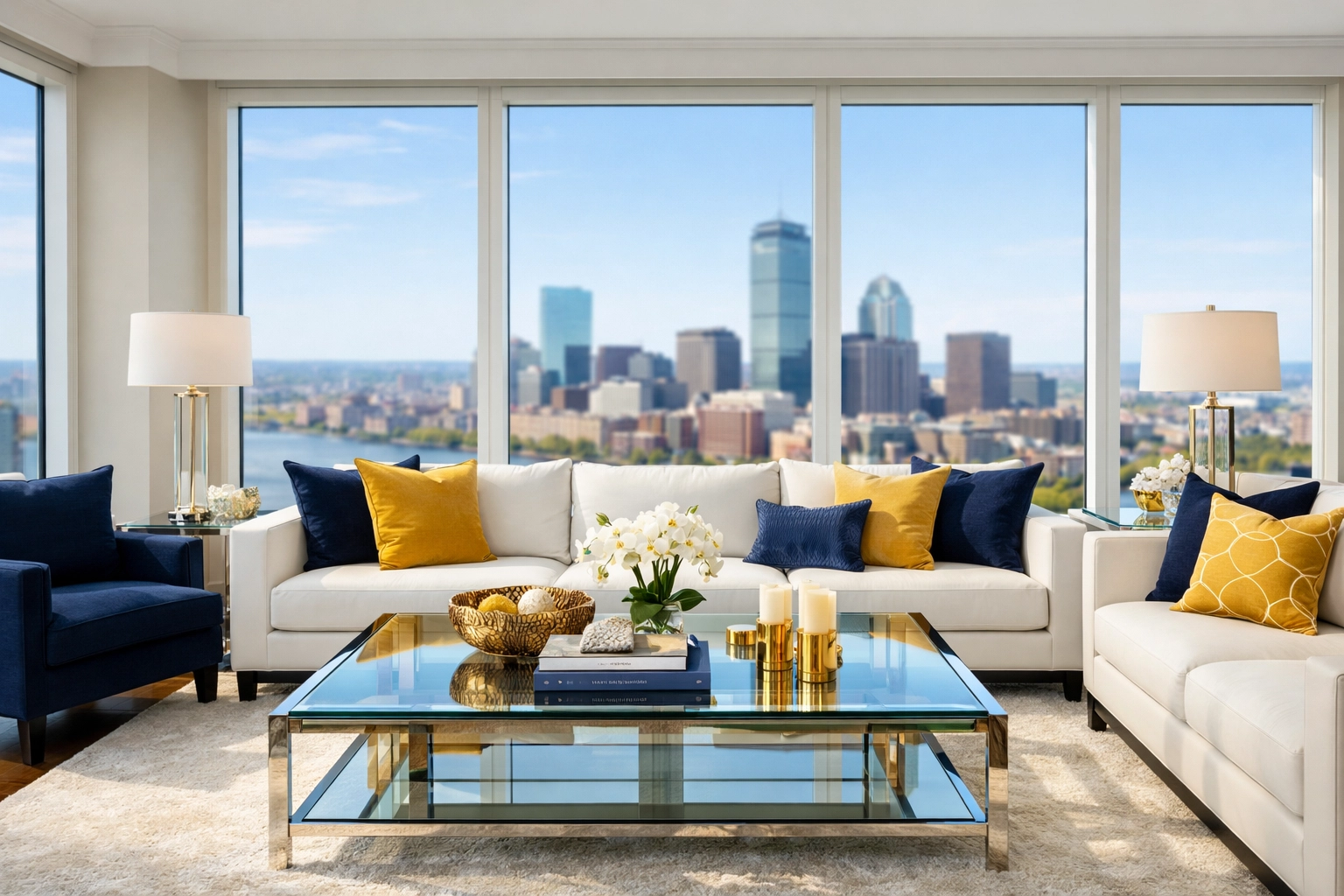 Spotless high-rise living room showing the result of professional apartment cleaning in Boston.
