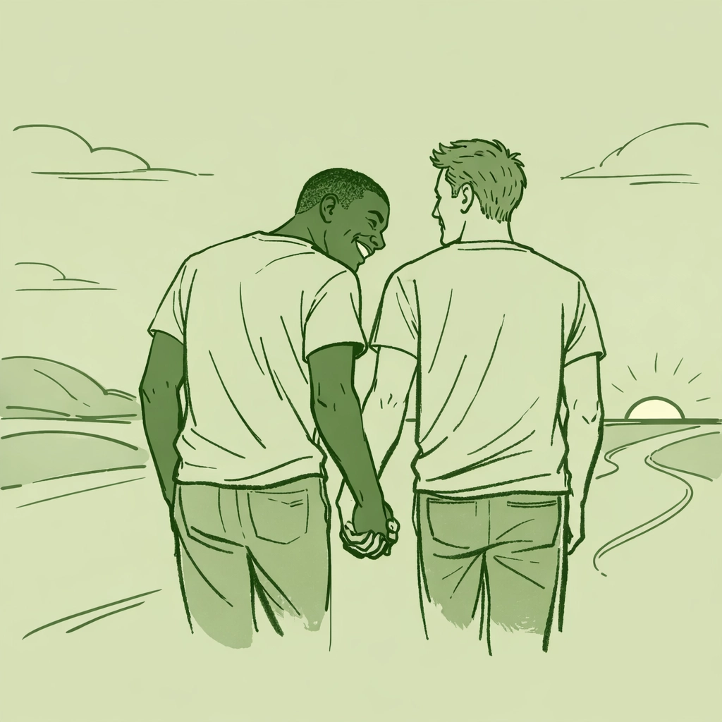 Diverse MM couple laughing and walking toward a horizon, illustrating a journey of pride and discovery.