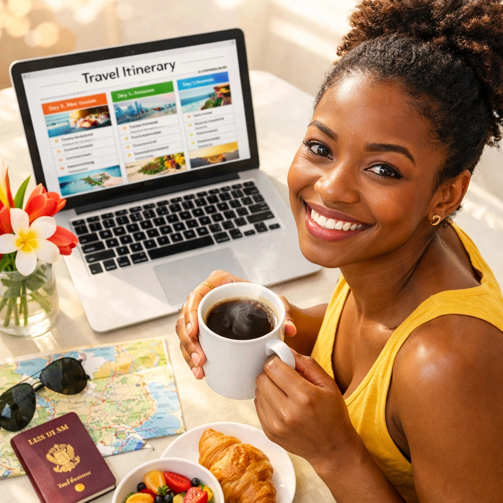 Woman planning stress-free vacation with coffee and laptop showing travel itinerary at home