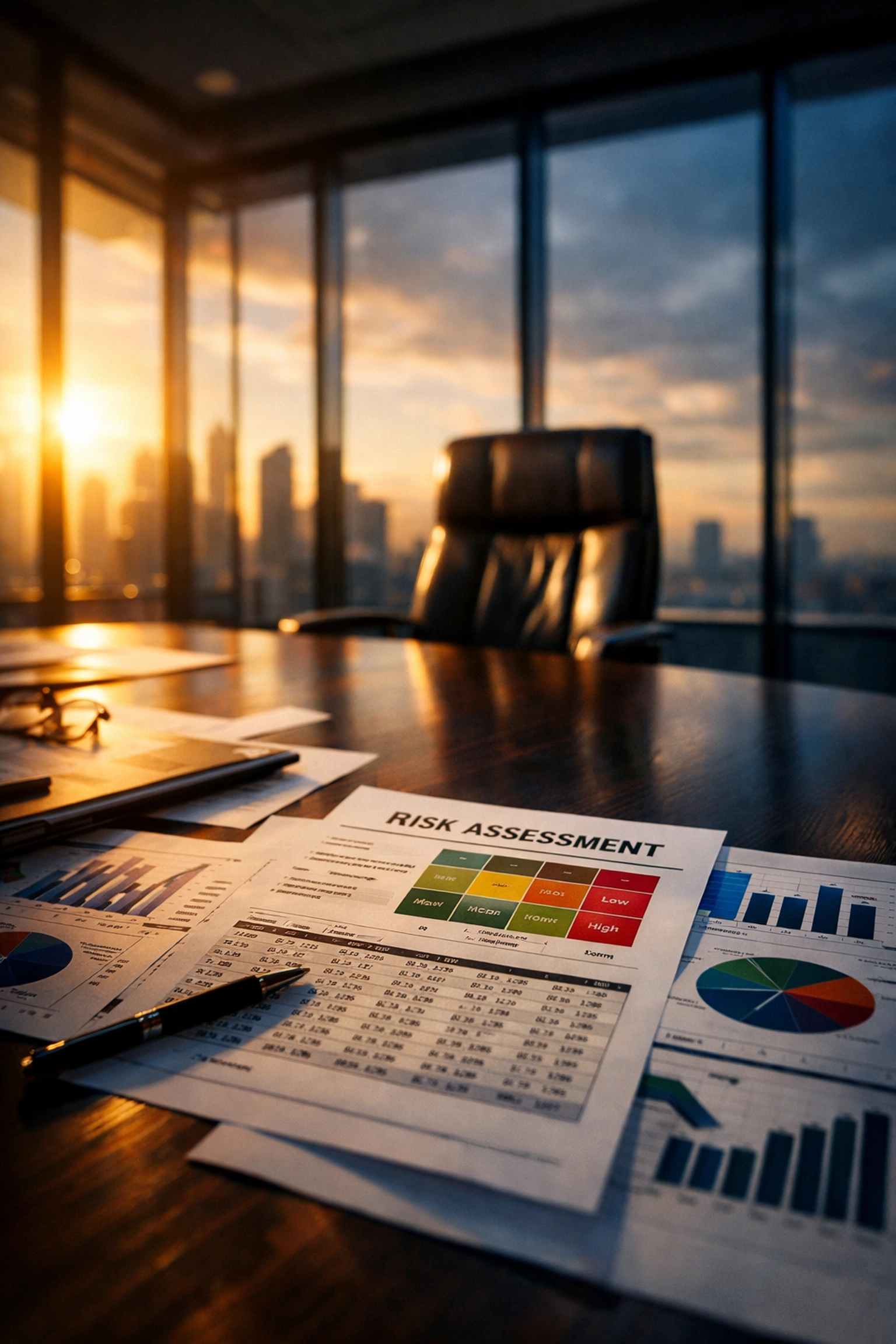 Boardroom with financial documents and risk assessment charts for private equity due diligence