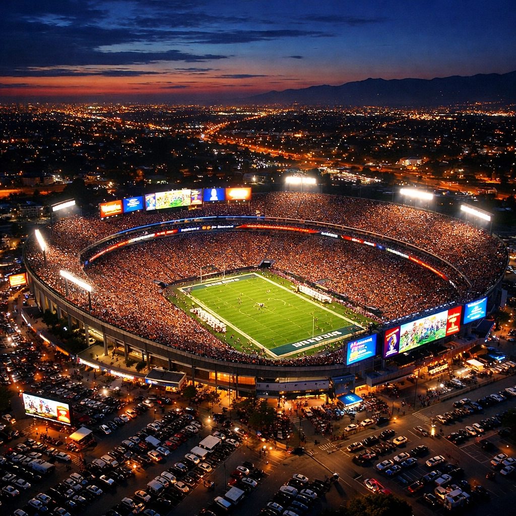 Aerial view of illuminated sports stadium with LED displays and digital advertising networks