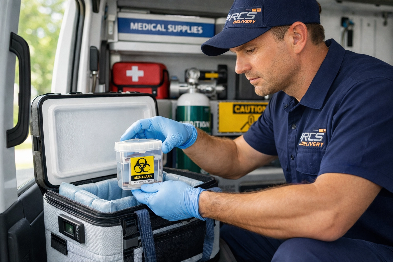 Professional courier securing medical specimen in temperature-controlled transport vehicle