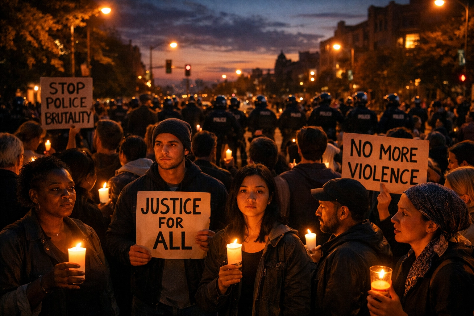 Peaceful protest demonstration with crowd and candles at dusk in urban setting