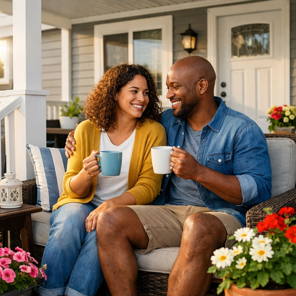 A happy couple enjoying their private front porch at Piney Woods manufactured home community.