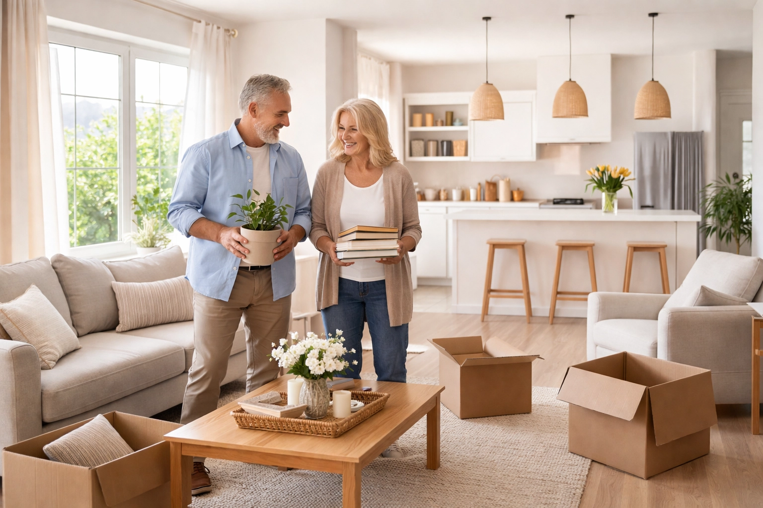 Smiling couple unpacking in a bright, modern Bucks County 55+ community home with open floor plan