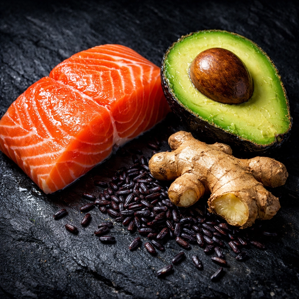 Ingrédients healthy : saumon frais, avocat, riz noir et gingembre pour un poke bowl nutritif.