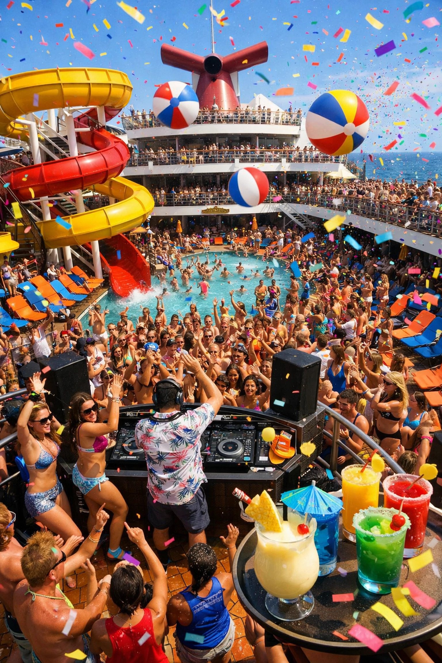 Carnival cruise ship pool deck with party atmosphere and waterslides