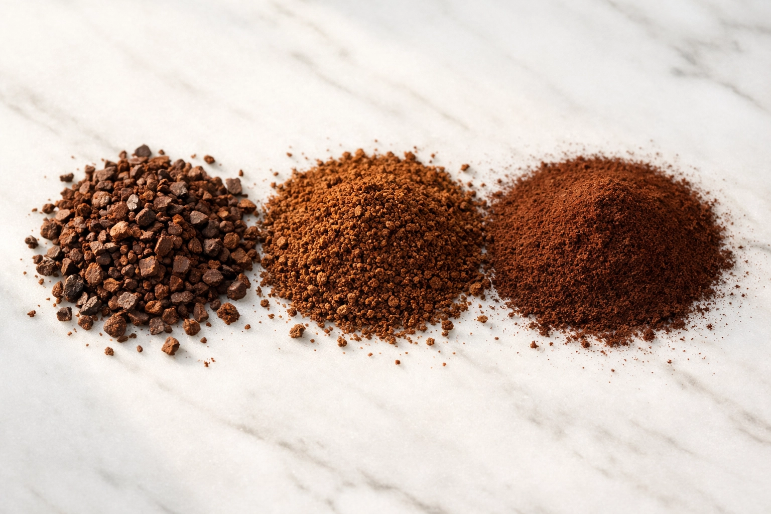 Three coffee grind sizes compared: coarse, medium, and fine grinds for different brewing methods