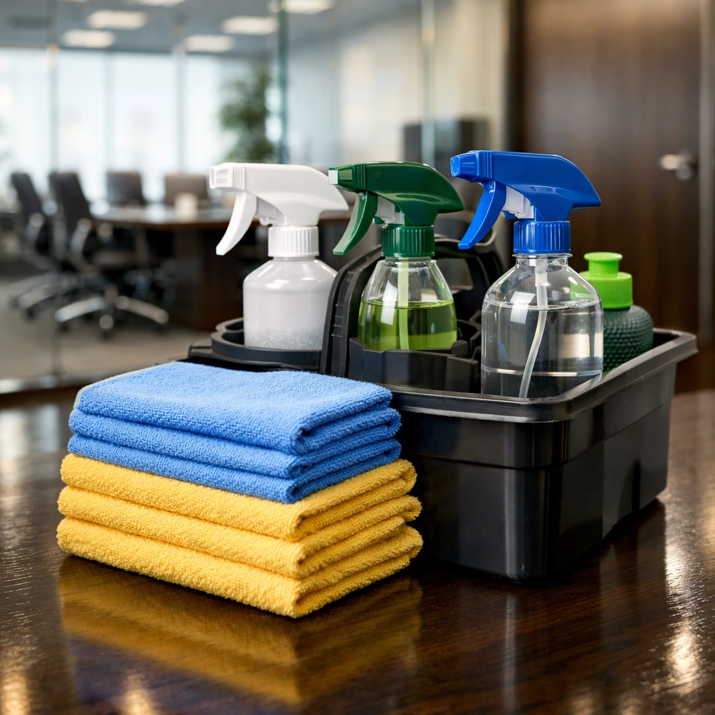 Professional cleaning caddy with eco-friendly supplies for a Worcester executive office suite.
