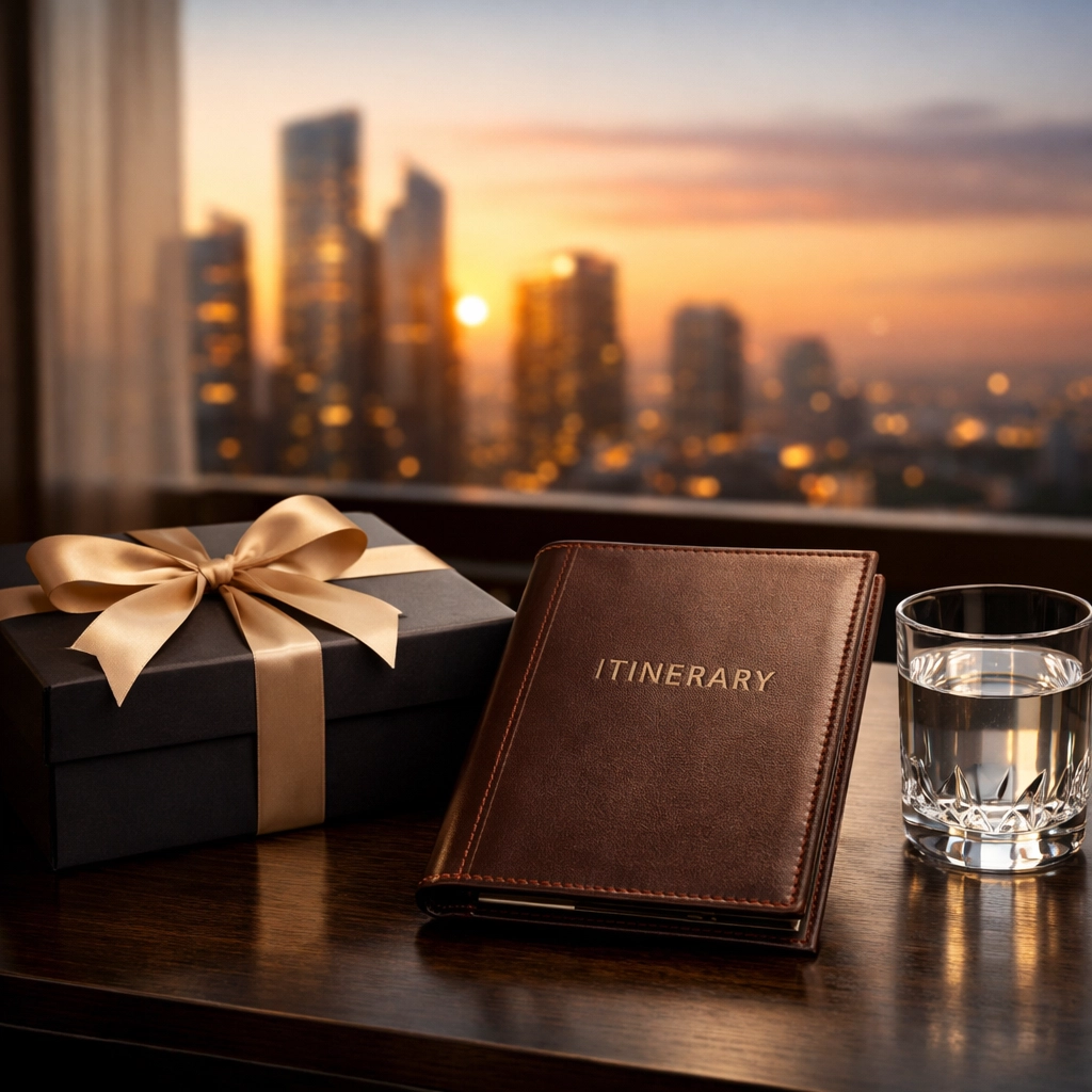 Luxury corporate hospitality welcome package and itinerary for a Super Bowl executive branding blitz.