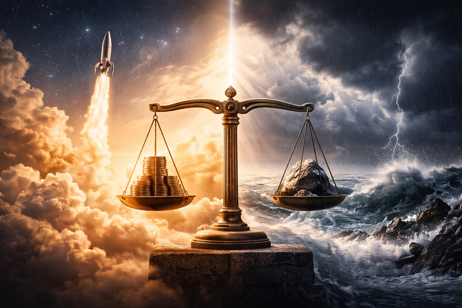 Split scene of a rocket representing financial growth and stormy seas symbolizing investment risks for accredited investors.