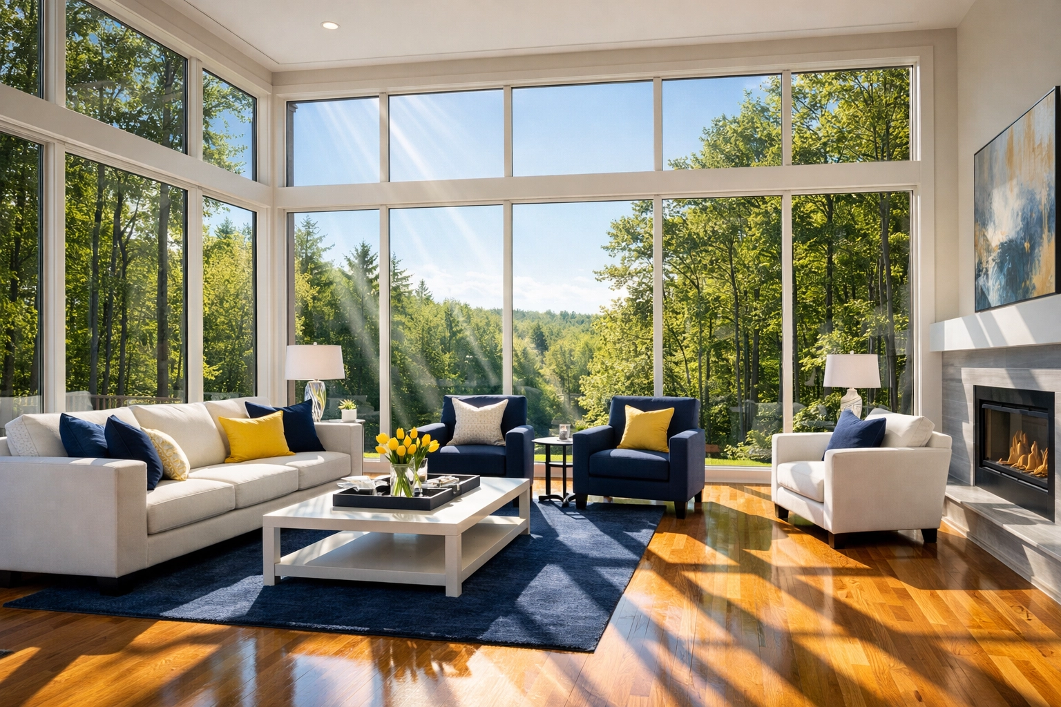 Sun-drenched Lunenburg living room with sparkling clean windows overlooking lush green woodlands.
