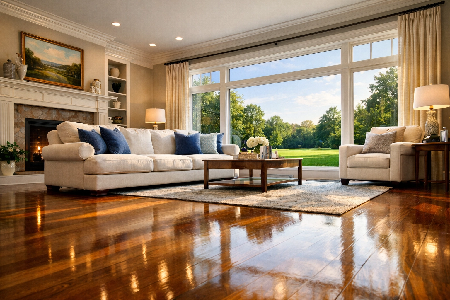 Spotless luxury living room in Massachusetts after expert house cleaning Westford service.