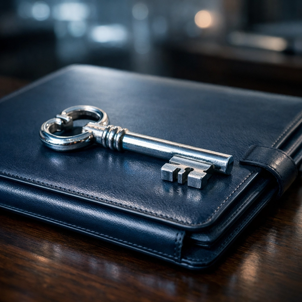 A silver key on a leather portfolio symbolizing secure and confidential Alabama business transactions.