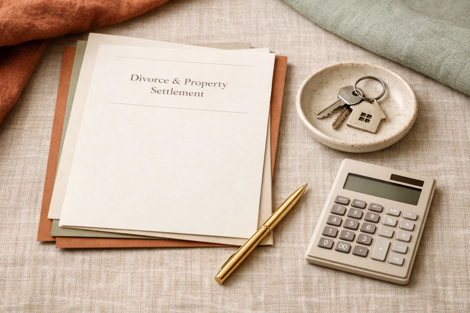 Property division divorce in Virginia documents and house keys styled in a warm terracotta, sage, and cream Business Boho workspace.
