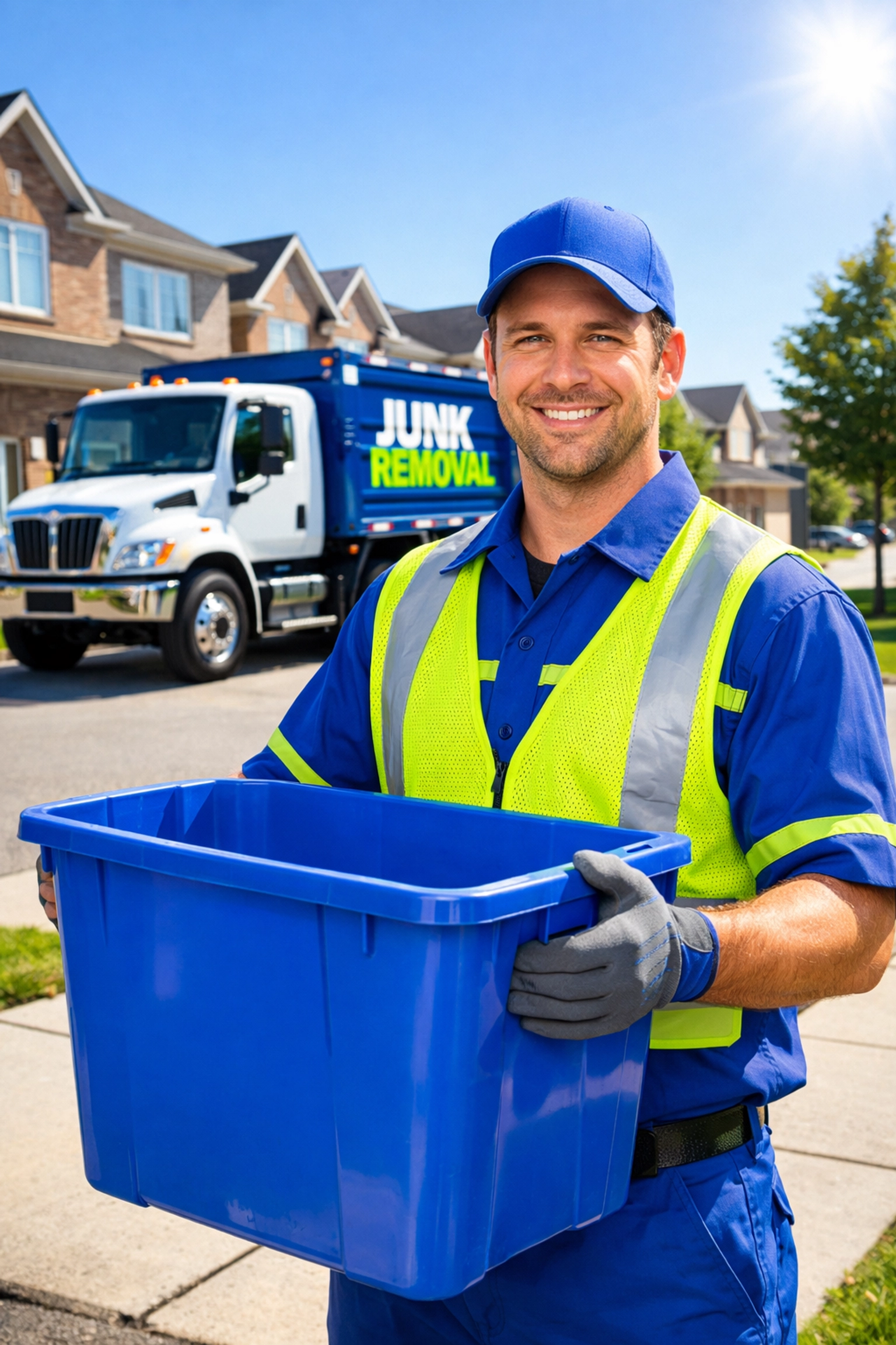 Your Quick-Start Guide to Ontario’s New 2026 Recycling Rules: Do This First Professional Junk GTA worker in uniform holding a blue recycling bin in a sunny Vaughan driveway.