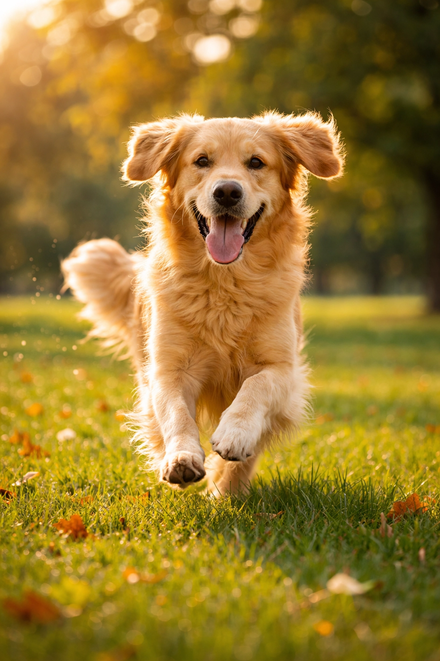 Healthy adult Golden Retriever running in a sunny Oregon park, showing vitality and wellness