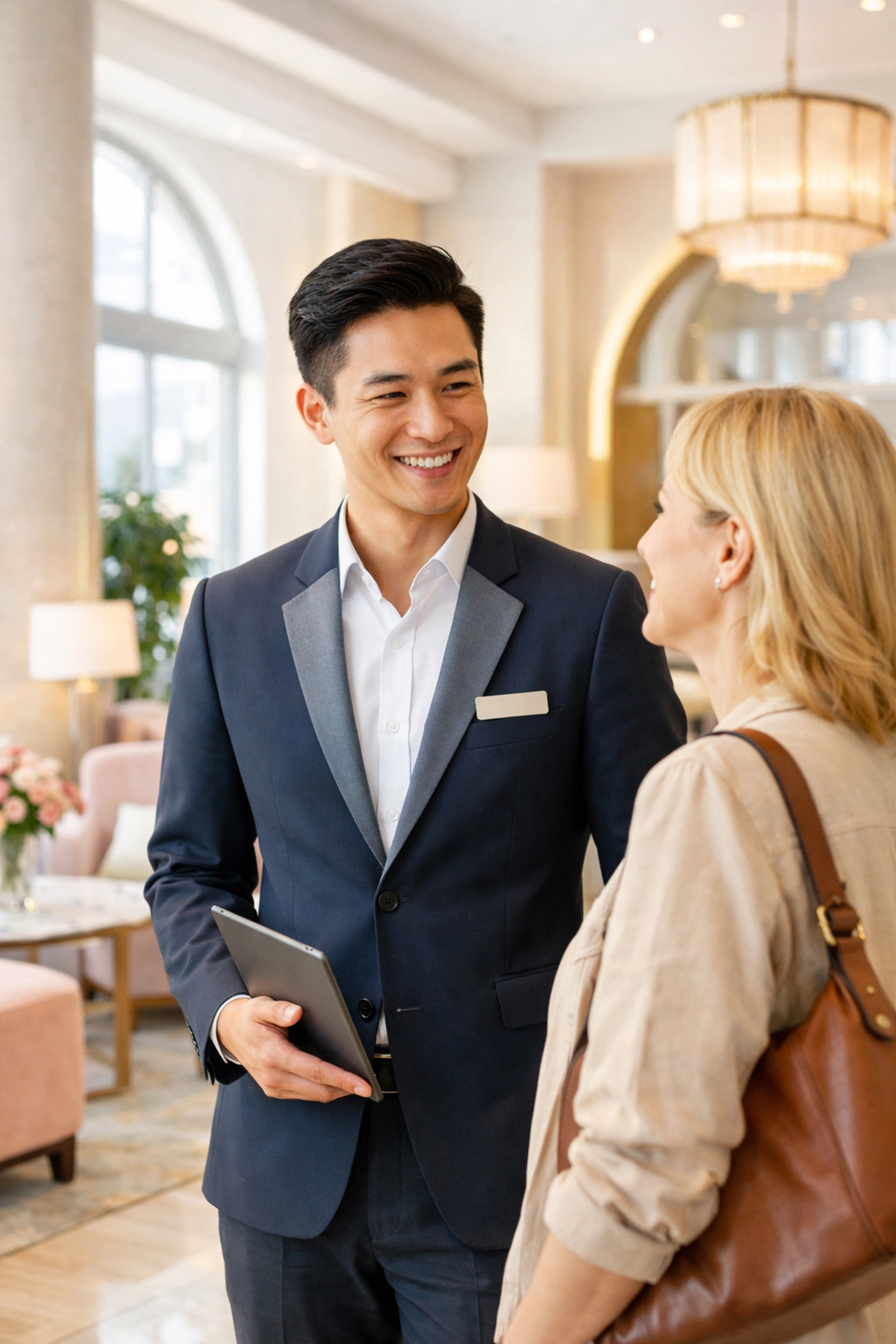 Hotel staff balancing human empathy with digital technology to enhance the guest experience.