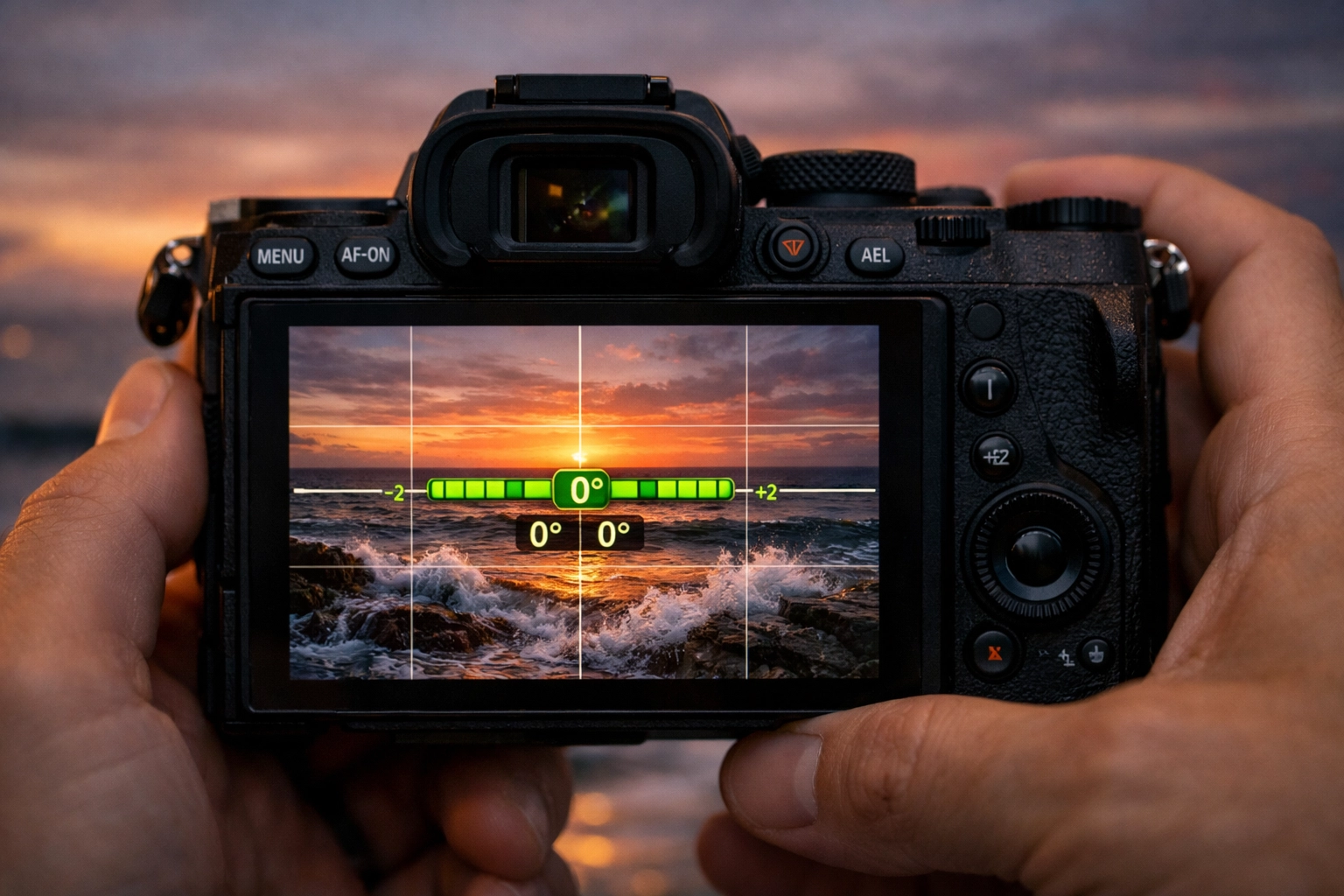 Camera screen showing a straight horizon grid to fix common landscape photography mistakes.