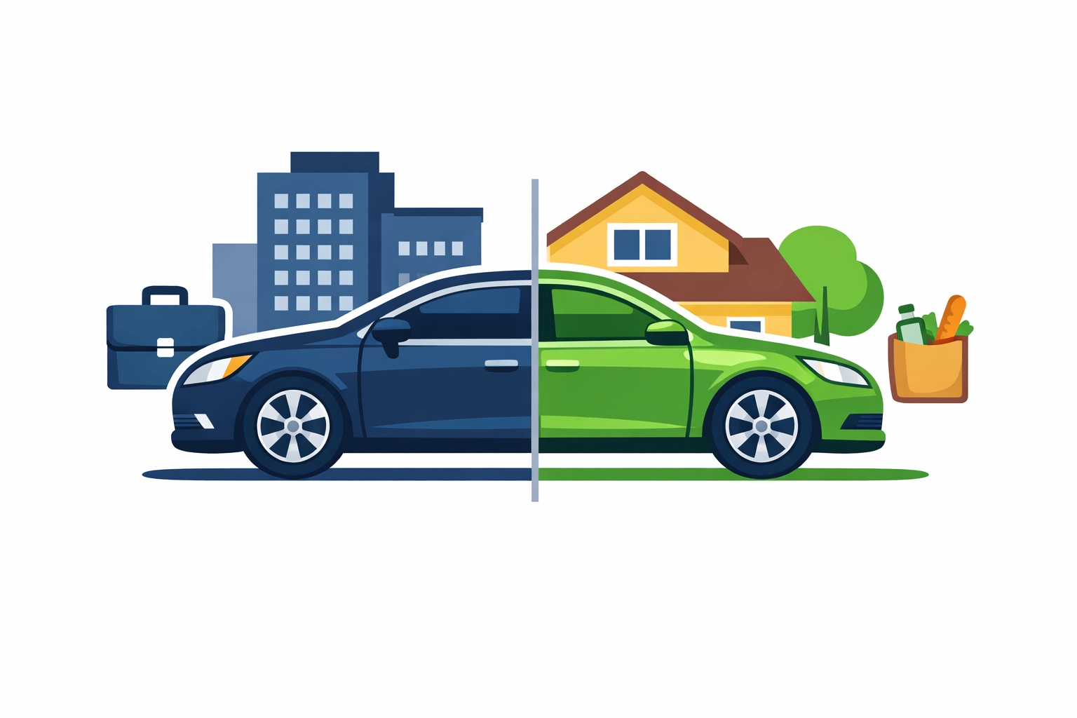 Illustration of a car split between business and personal use for 2026 vehicle tax deductions.