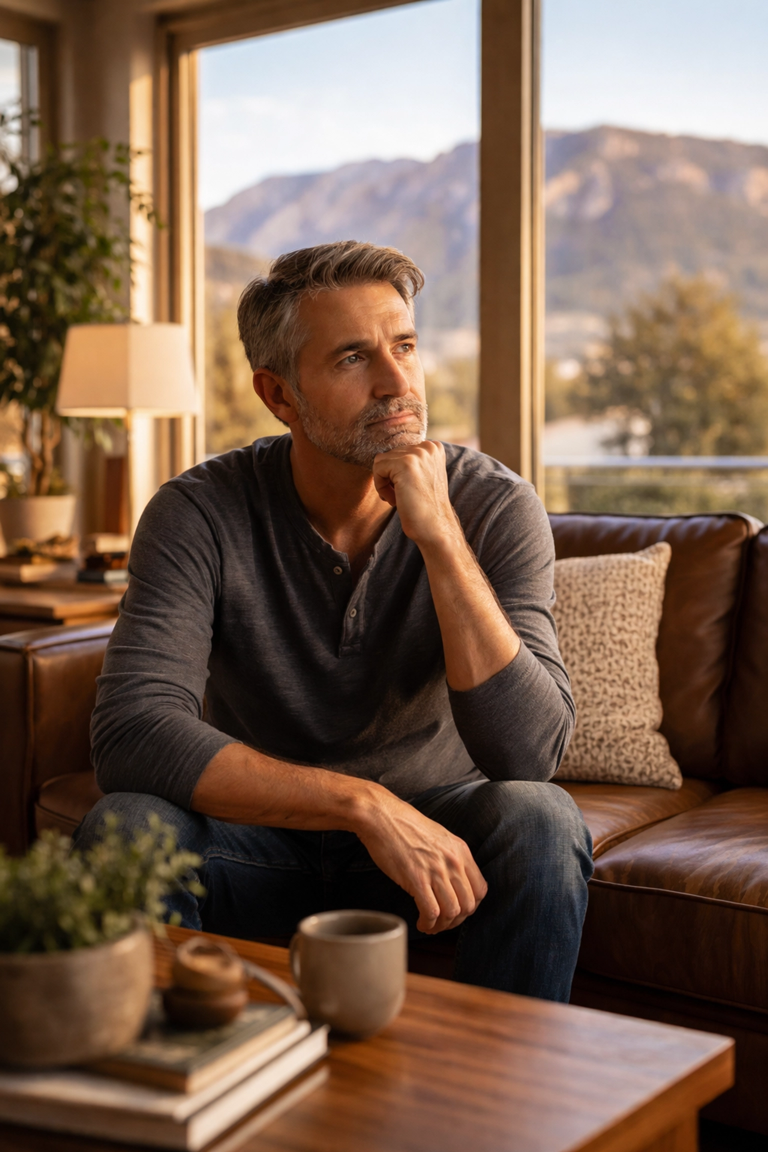 Middle-aged man in Albuquerque reflecting on low testosterone symptoms in a bright living room with Sandia Mountains view