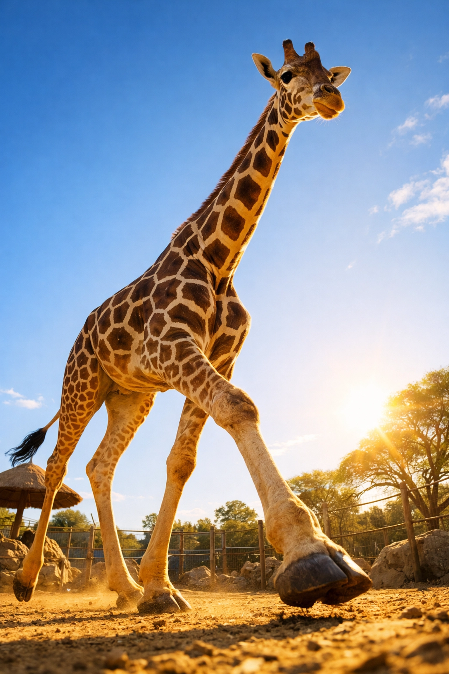 Dynamic low-angle shot of a Giraffe walking in a sunny zoo enclosure with clear blue sky.