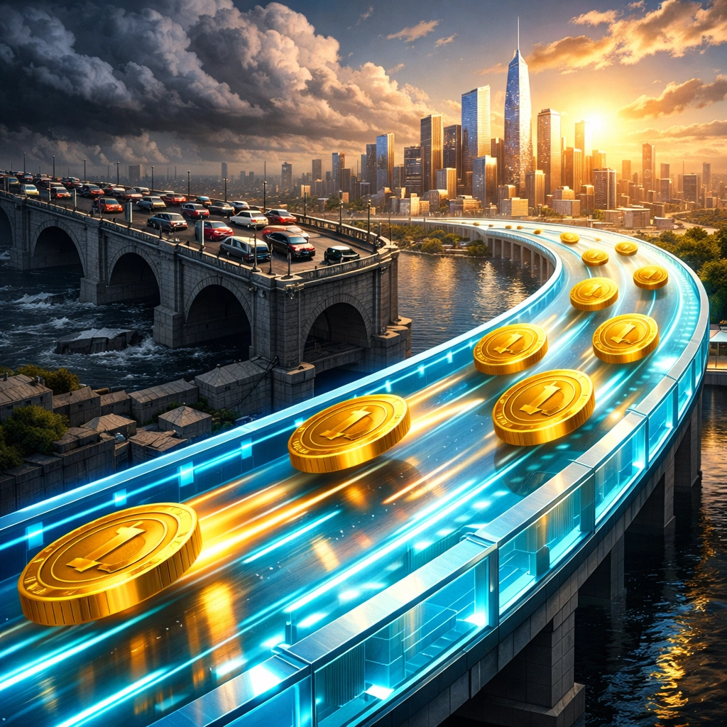 Fast digital payment bridge with golden tokens illustrating low-fee Larecoin transactions in the metaverse.