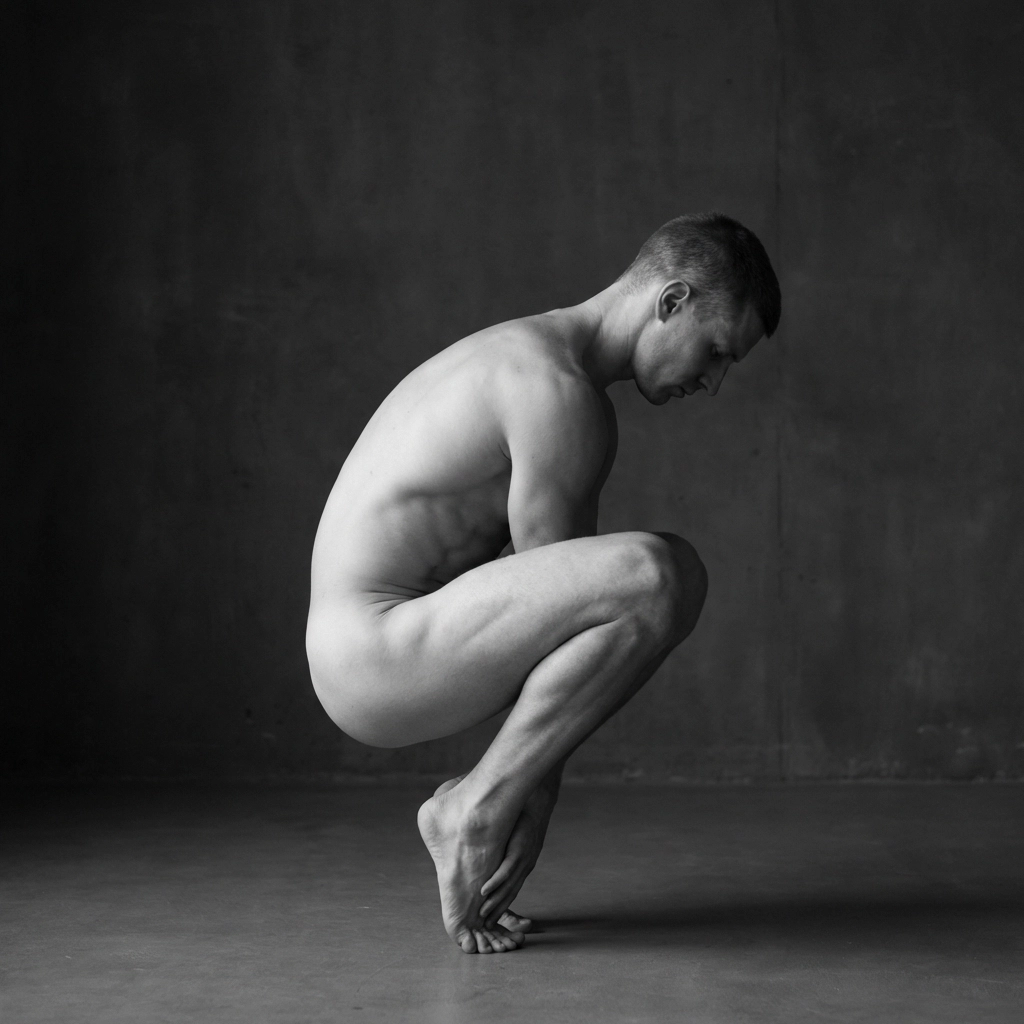 Fine art nude photography featuring a crouching dynamic pose emphasizing athletic symmetry and body strength.