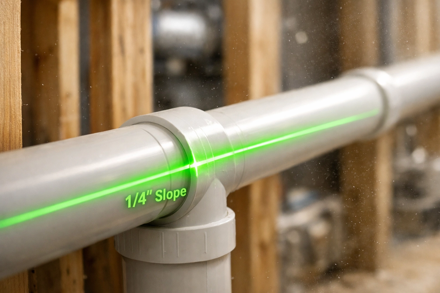Laser level ensuring precise slope on PVC drain pipes during a plumbing rough-in.