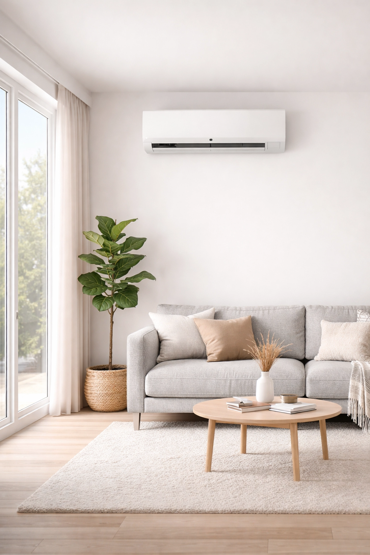 Ductless mini-split heat pump mounted in a modern Southern Maine living room