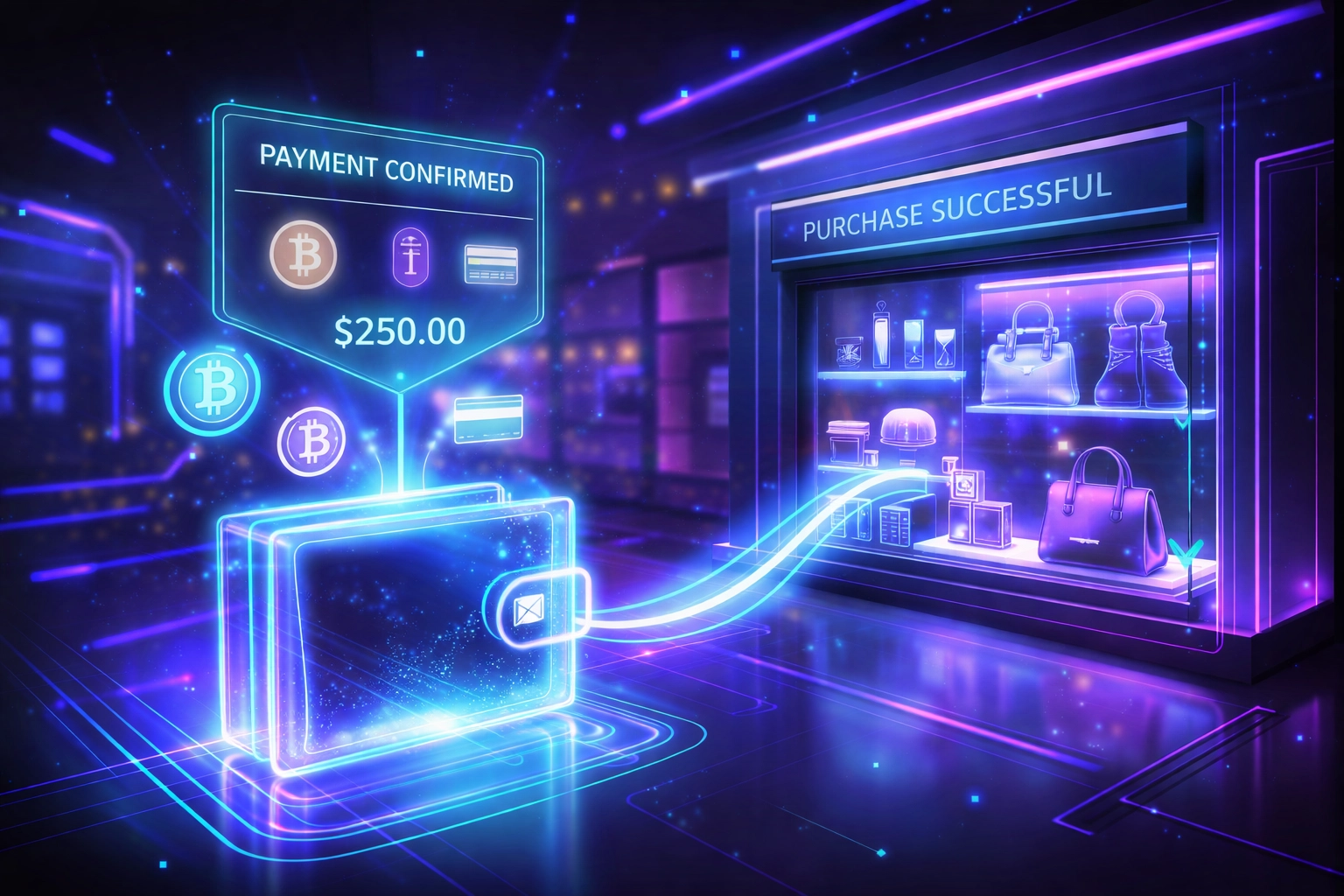 Futuristic virtual payment in a metaverse shopping space with digital wallets and cryptocurrency icons.