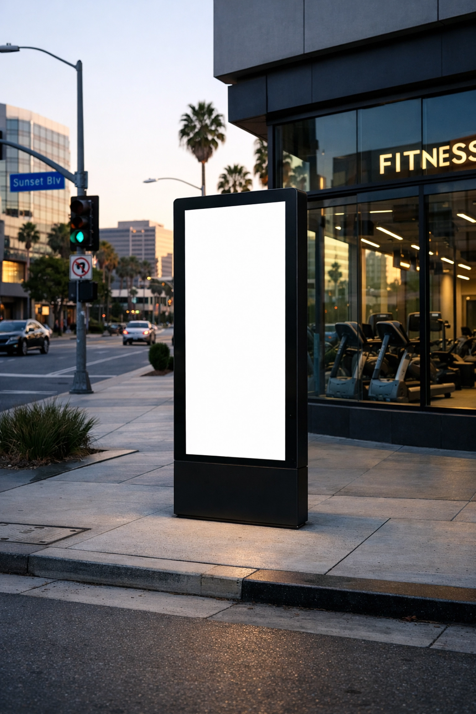 Hyper-targeted digital signage on a modern Los Angeles street corner near a luxury fitness center.