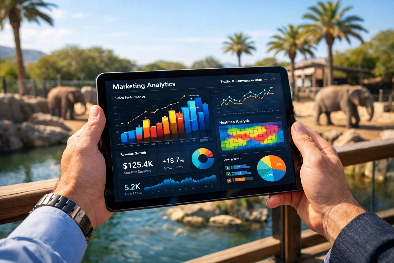 Marketing manager tracking data-driven ROI and campaign performance on a tablet at a zoo observation deck.