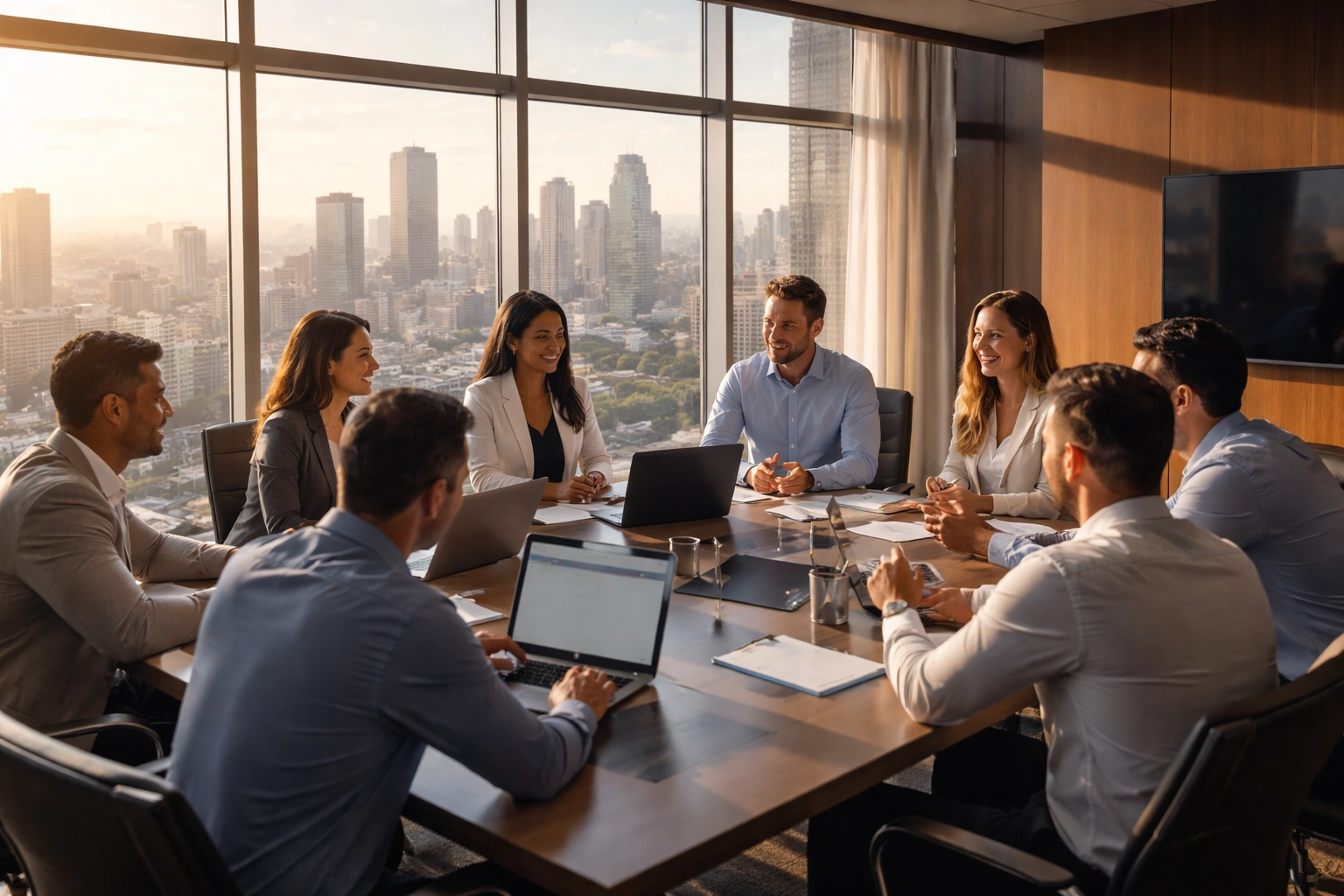 Diverse business professionals in a modern boardroom collaborating on growth strategy at Dakdan Worldwide headquarters