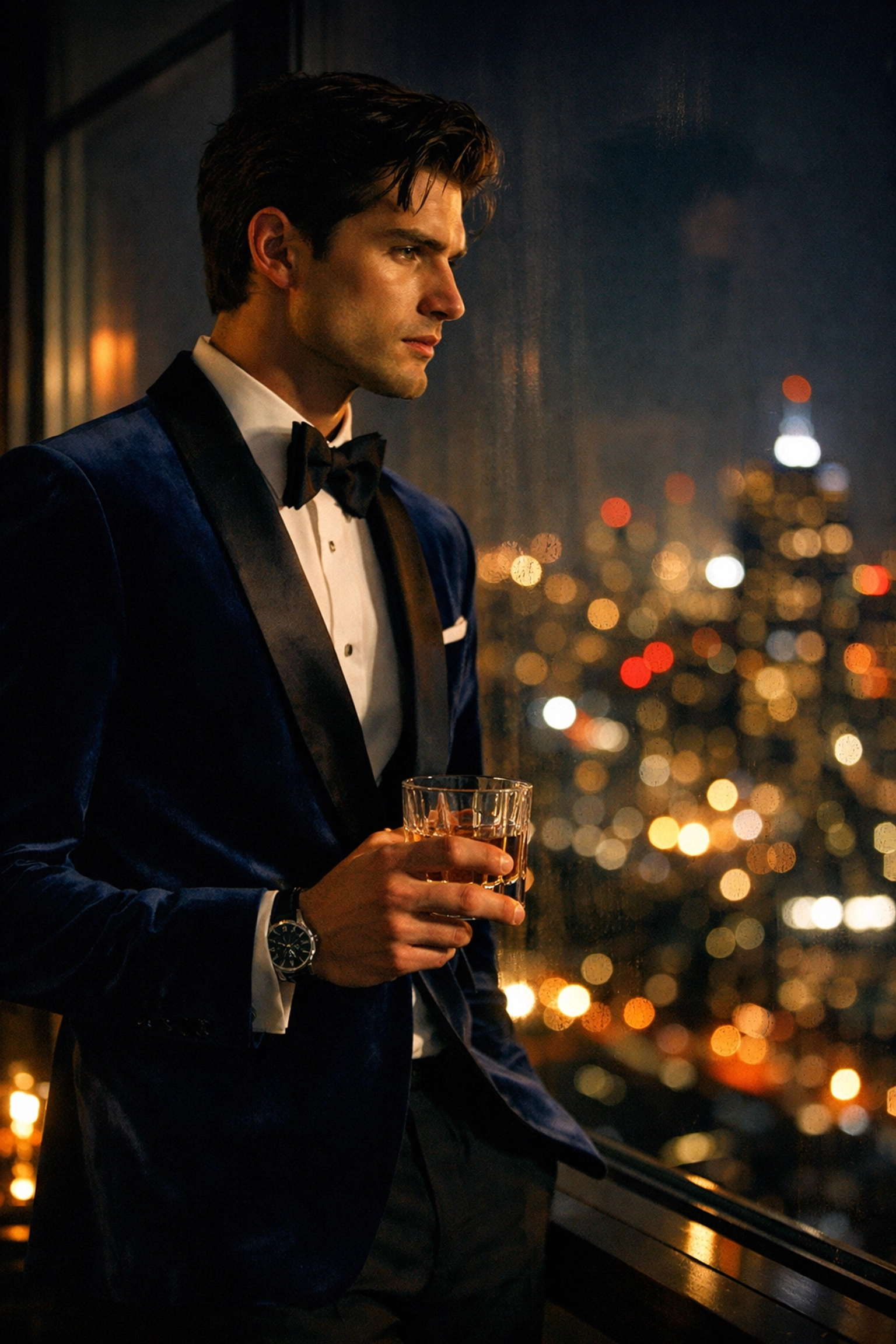 A pensive male escort in a tuxedo looking at a city skyline, capturing themes of heartfelt gay fiction.