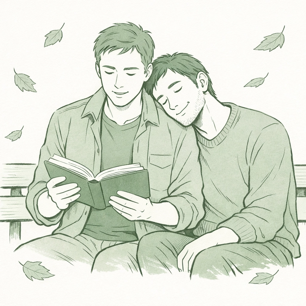 Two men reading literary MM romance together on park bench in autumn, showing emotional connection