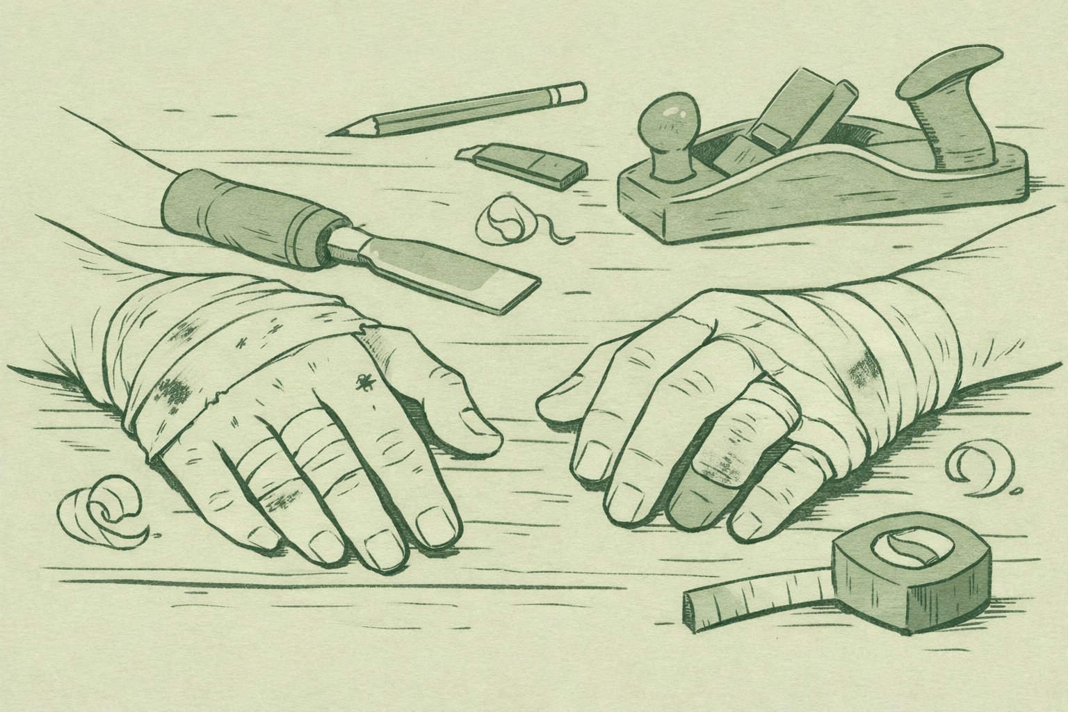Injured craftsman's hands with bandages on workbench surrounded by woodworking tools