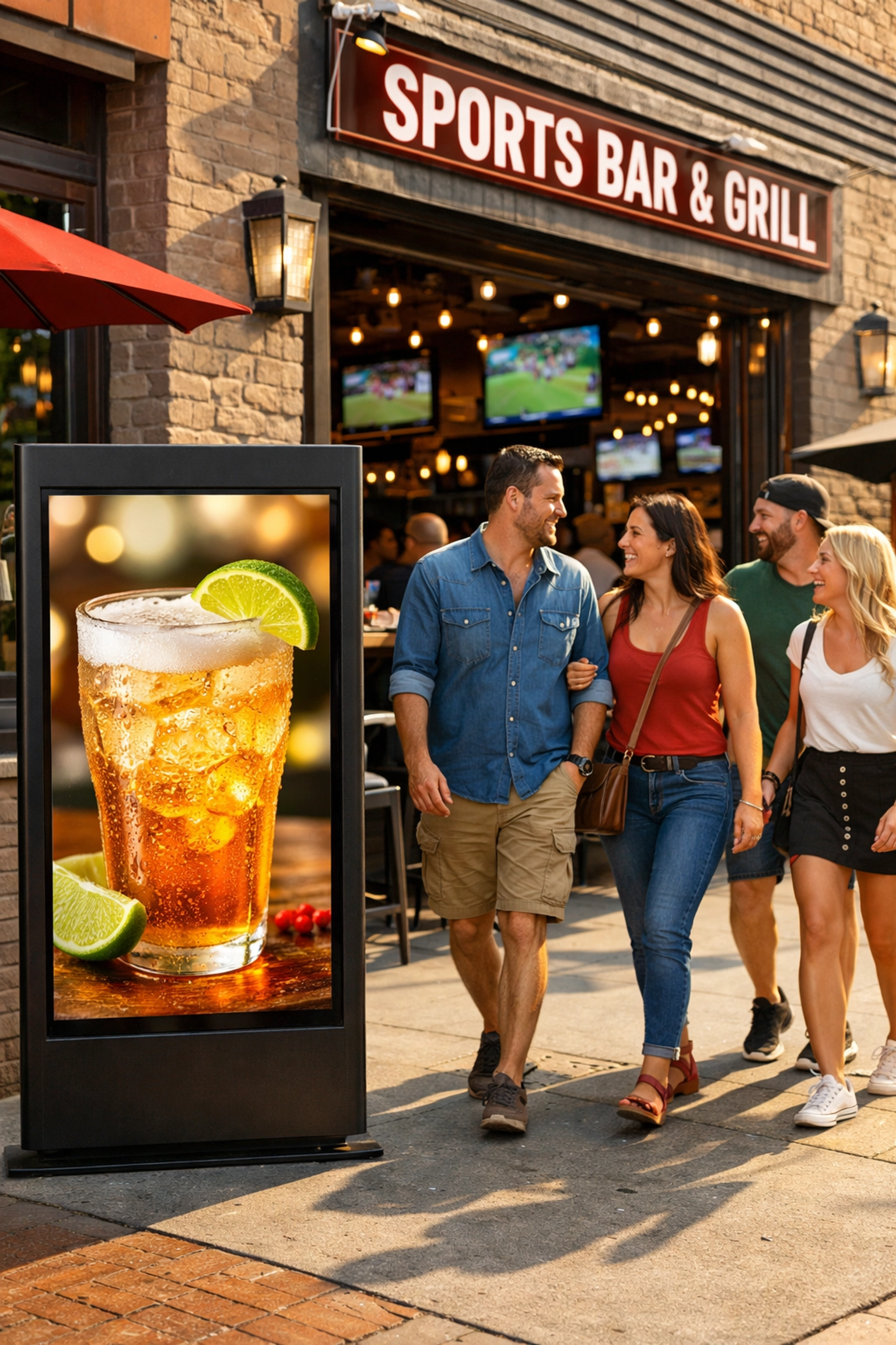 Digital sidewalk advertising outside a sports bar driving retail foot traffic and fan engagement.