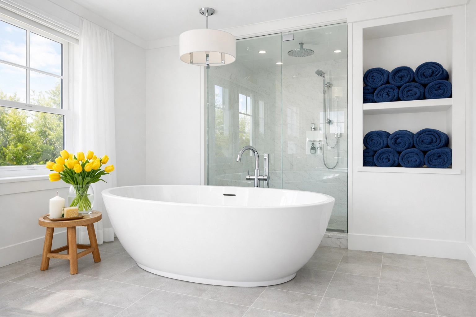 A bright, pristine master bathroom with a clean soaking tub after a professional deep cleaning.