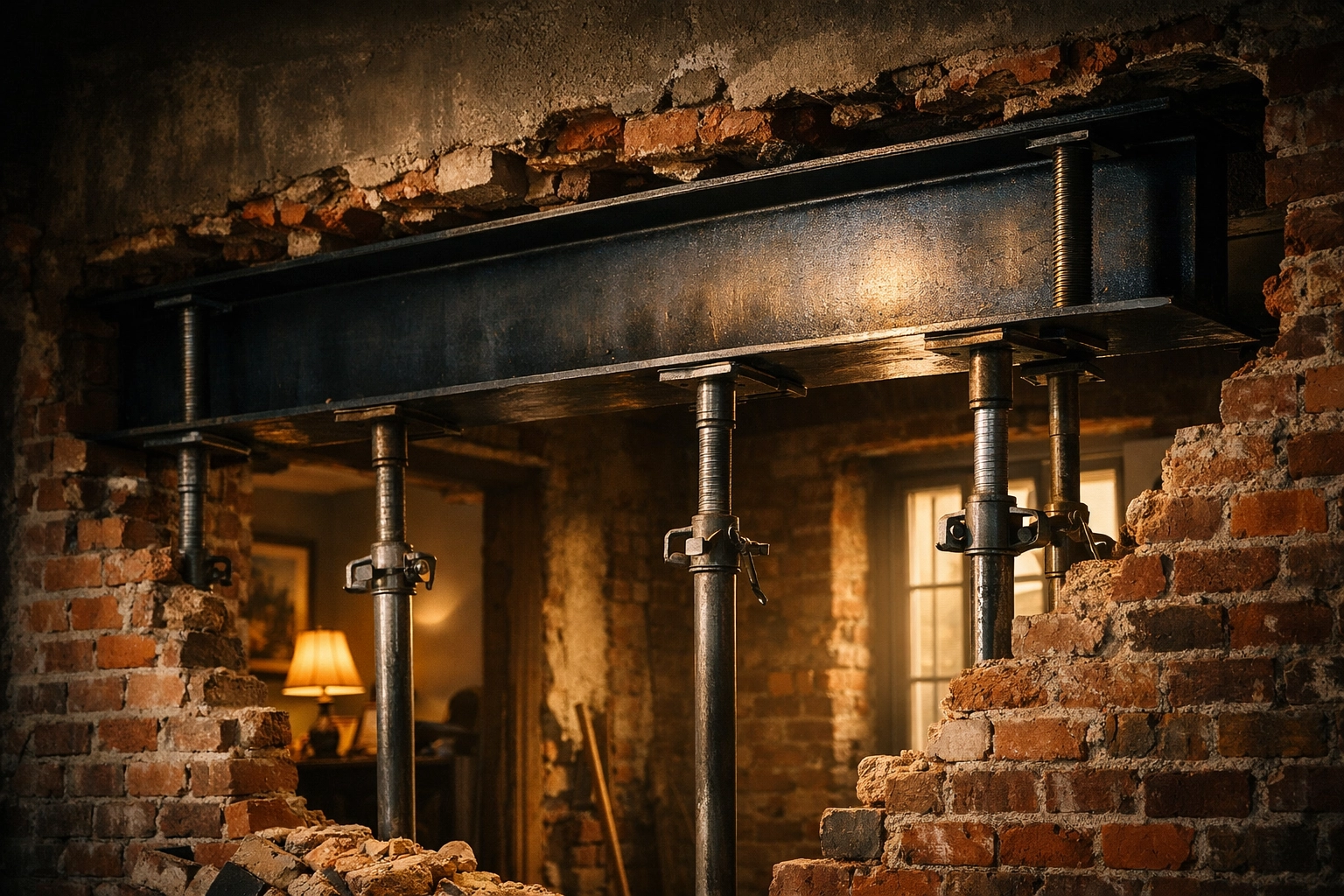 Steel RSJ beam being installed to support a structural wall during a West Sussex home extension.