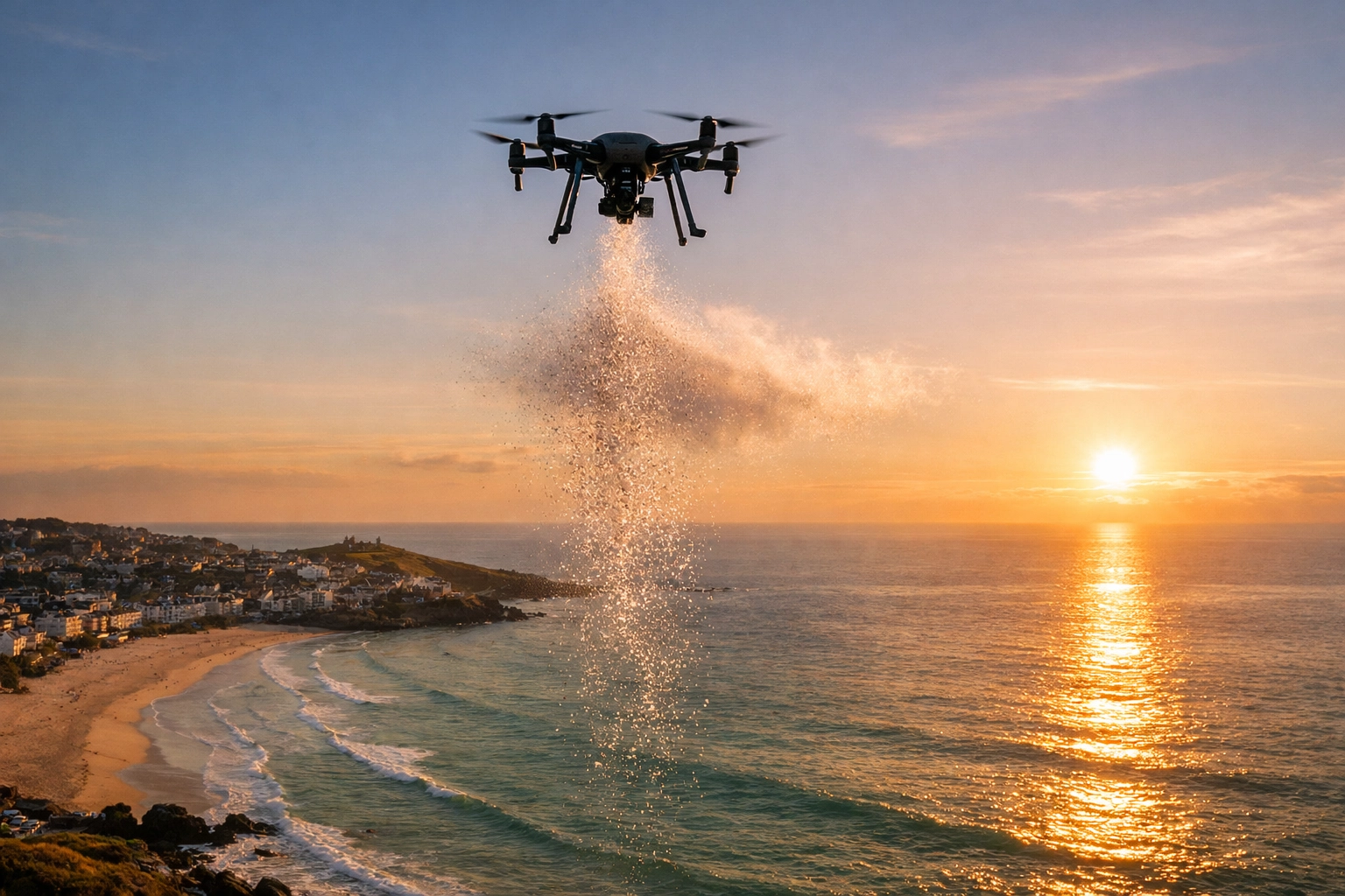 A serene ashes scattering ceremony in St Ives, Cornwall, where a drone releases ashes over the ocean at sunset.