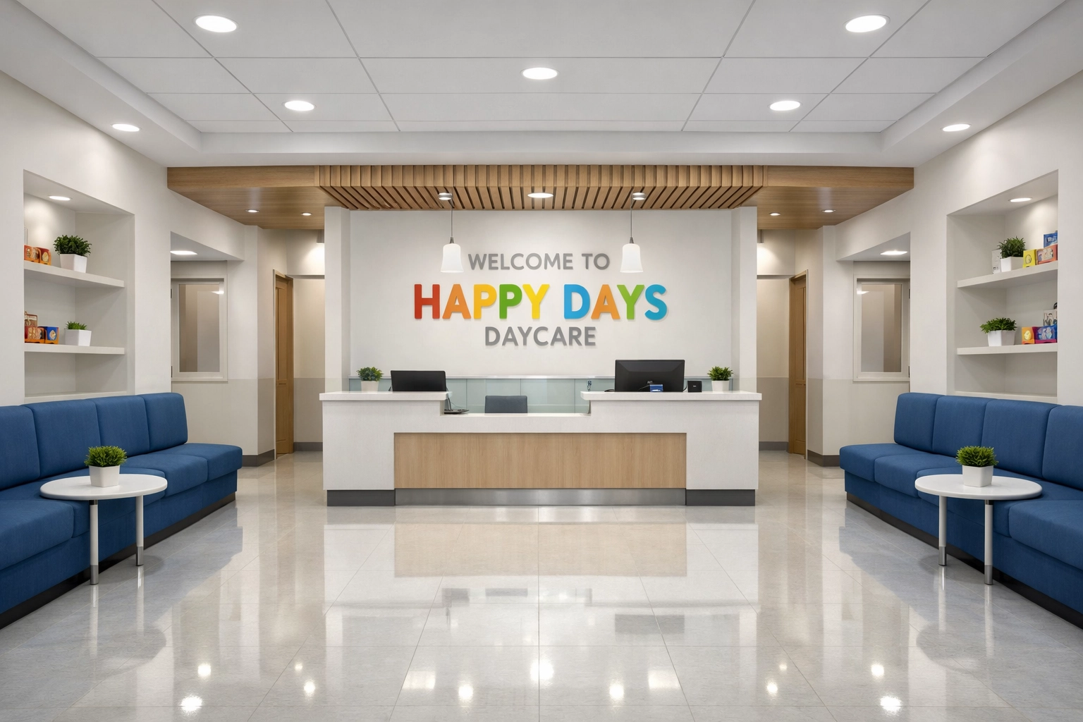 A spotless daycare reception area with polished surfaces showing the result of reliable janitorial services.