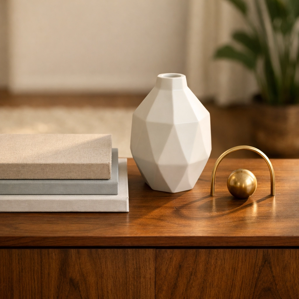 Styling a walnut media console using the interior design rule of three with curated decor and books.