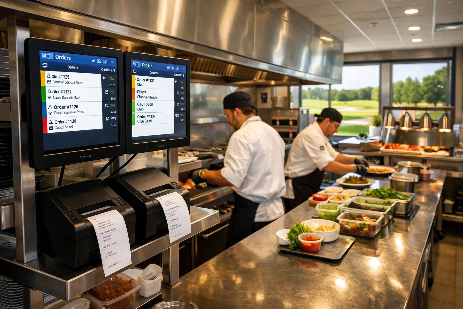 Modern clubhouse kitchen with integrated mobile ordering system and digital displays