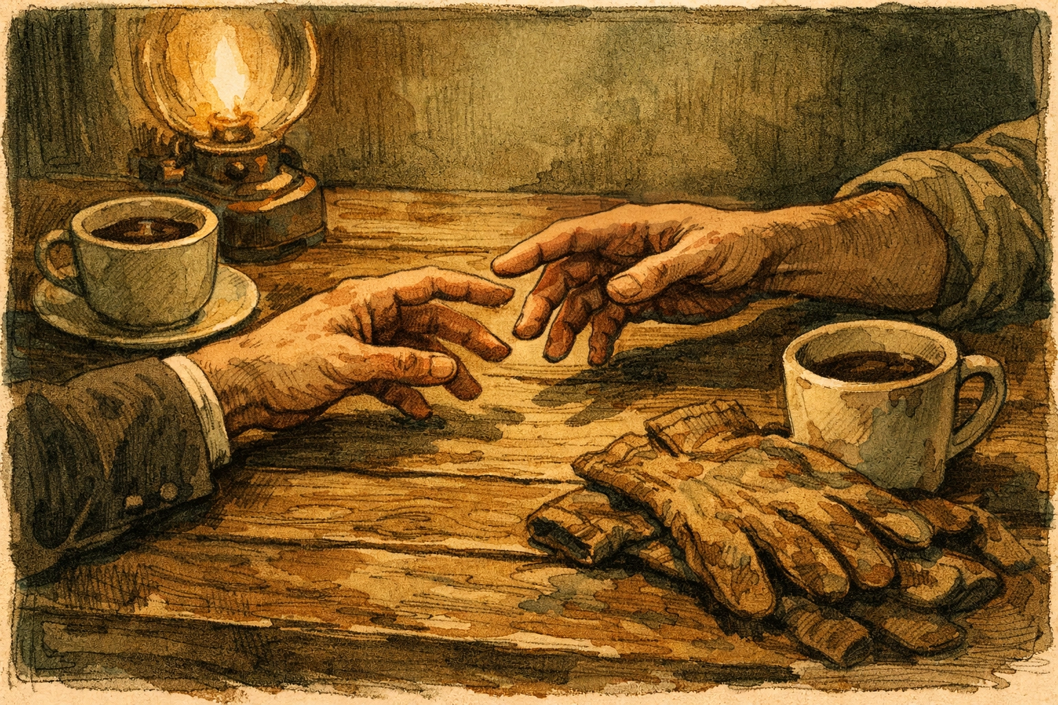 Two cowboys' hands reaching across table in intimate connection - MM romance emotional moment